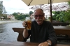 Bruce tries a beer at the "Two Mary's" restaurant, Český Krumlov CZ