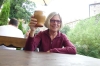 Thea with a very generous mug of wine at the at the "Two Mary's" restaurant, Český Krumlov CZ