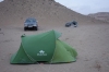 Camping at the Darvaza Gas Crater, with wind all night and sleet in the morning TM