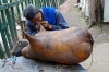 Repairing a raft made from inflated sheep skins, The Watermill Garden, Lanzhou CN