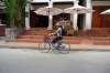 Thea on her blue hire bike, outside our hotel, Luang Prabang LA